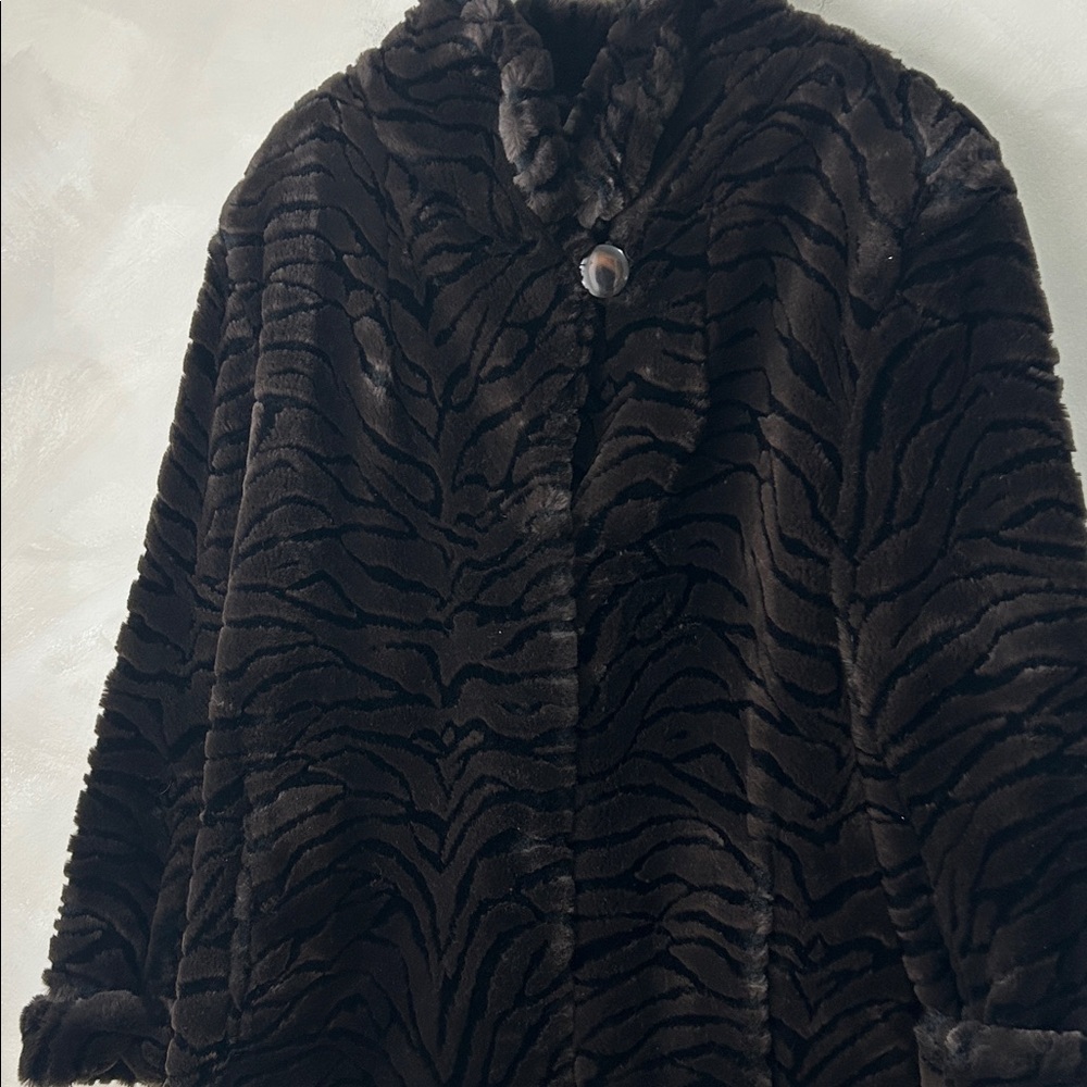 Vintage Long faux fur coat, zebra abstract pattern, dark brown black Utex Y2K